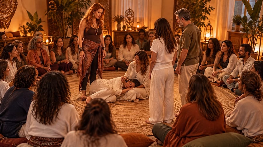 Giselle conduzindo uma constelação em grupo, com participantes sentados em roda