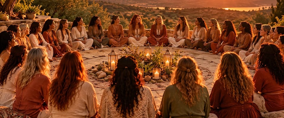 Mulheres sentadas em roda ao pôr do sol, com velas ao centro